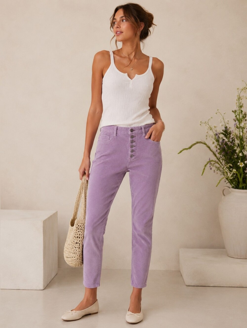 Anthropologie Mauve Button Front Corduroy Skinny Pants 30